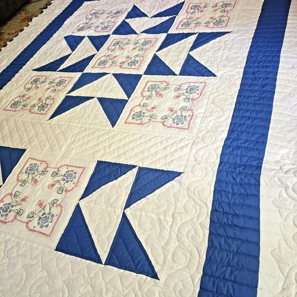 Vintage Handmade Quilt 88x103 Blue & White Cross Stitch Prairie Point Edge Queen